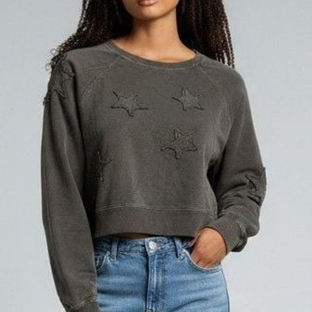 Katie J NYC Starr Washed Black Star Patch Crewneck Sweatshirt Large